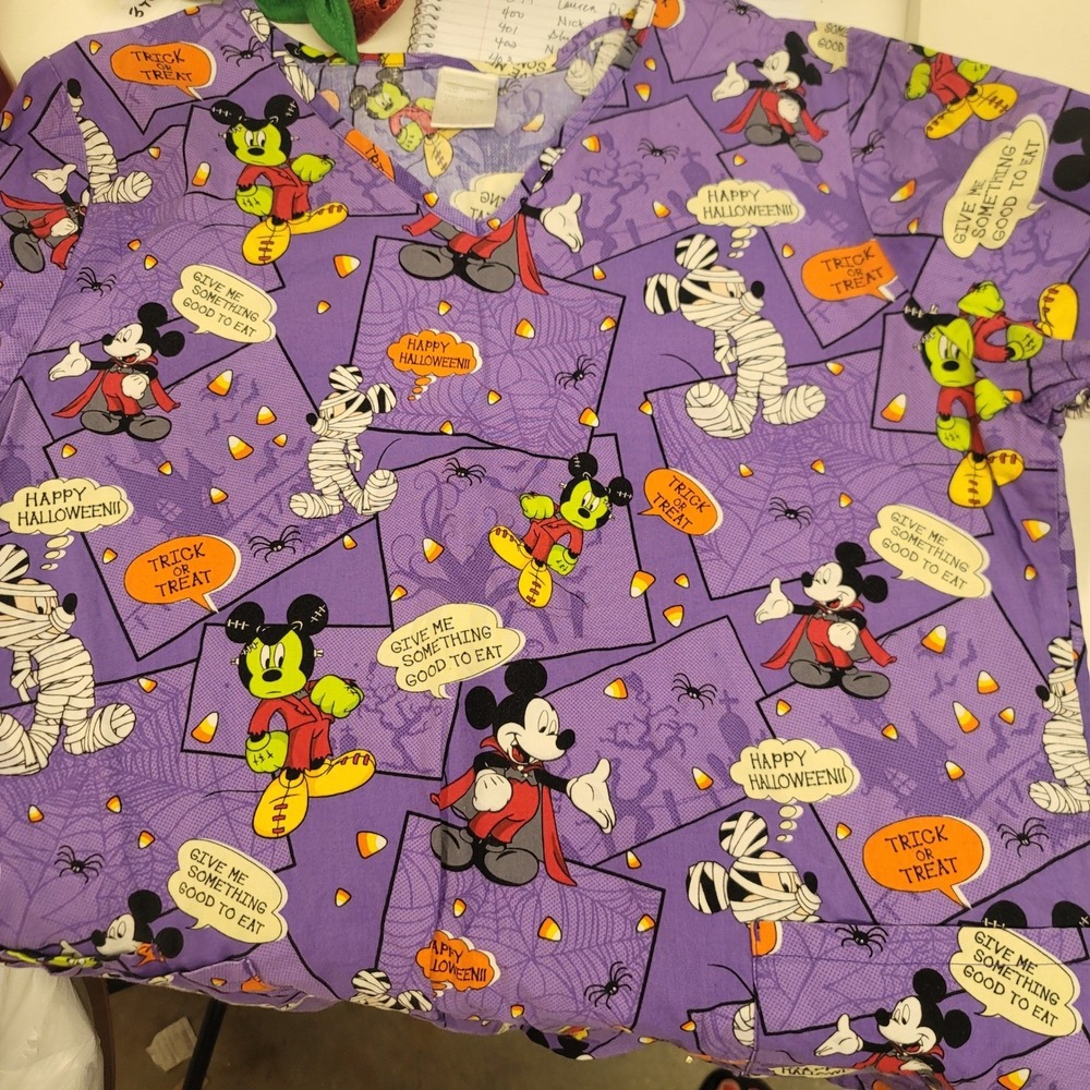Disney Mickey Halloween Purple Medical Scrub Top Character Print Candy Corn Sz L